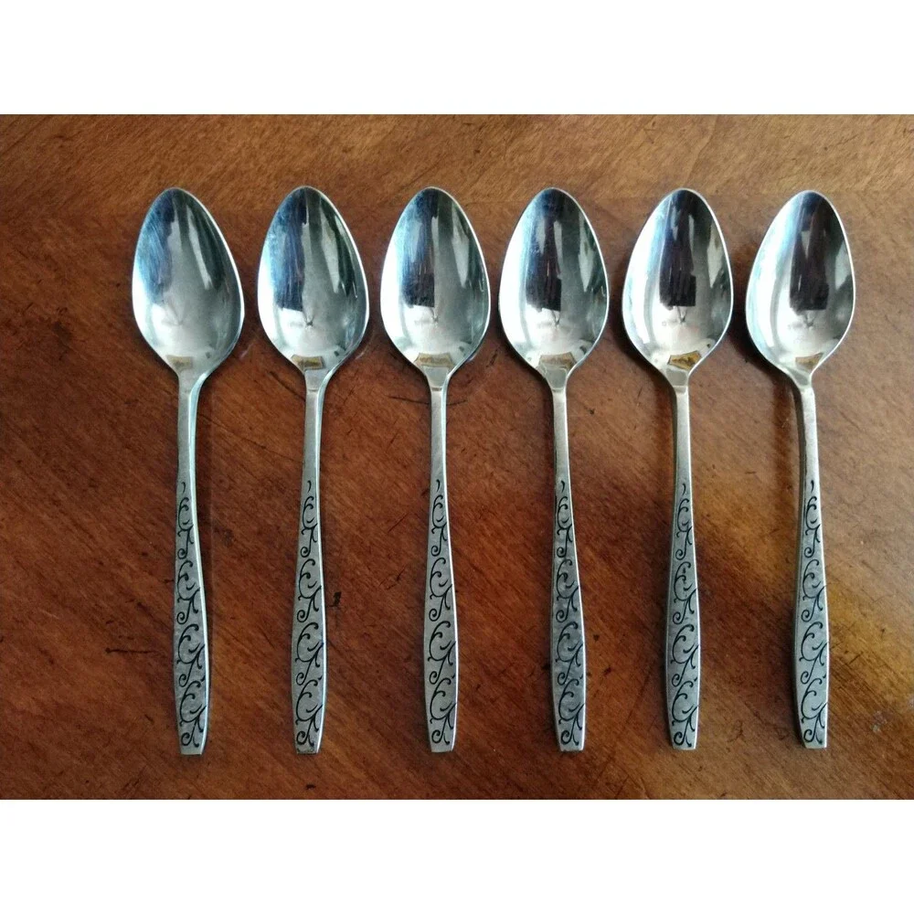 Vtg Lot 6+1  Teaspoons Stainless Grand Prix Florentine Black Swirl Design Japan